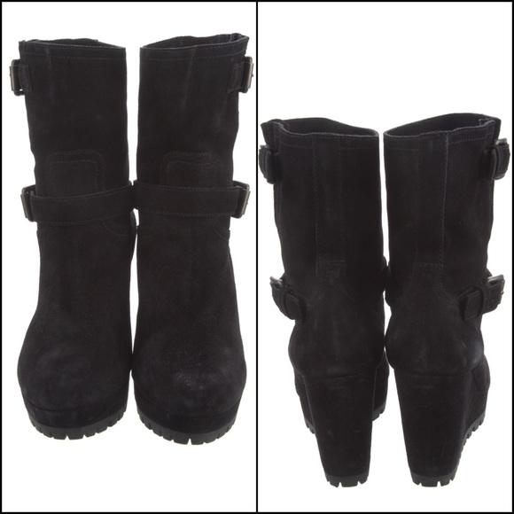 PRADA Black Suede Double Buckle Wedge Ankle Booties Boots - Picture 5 of 13